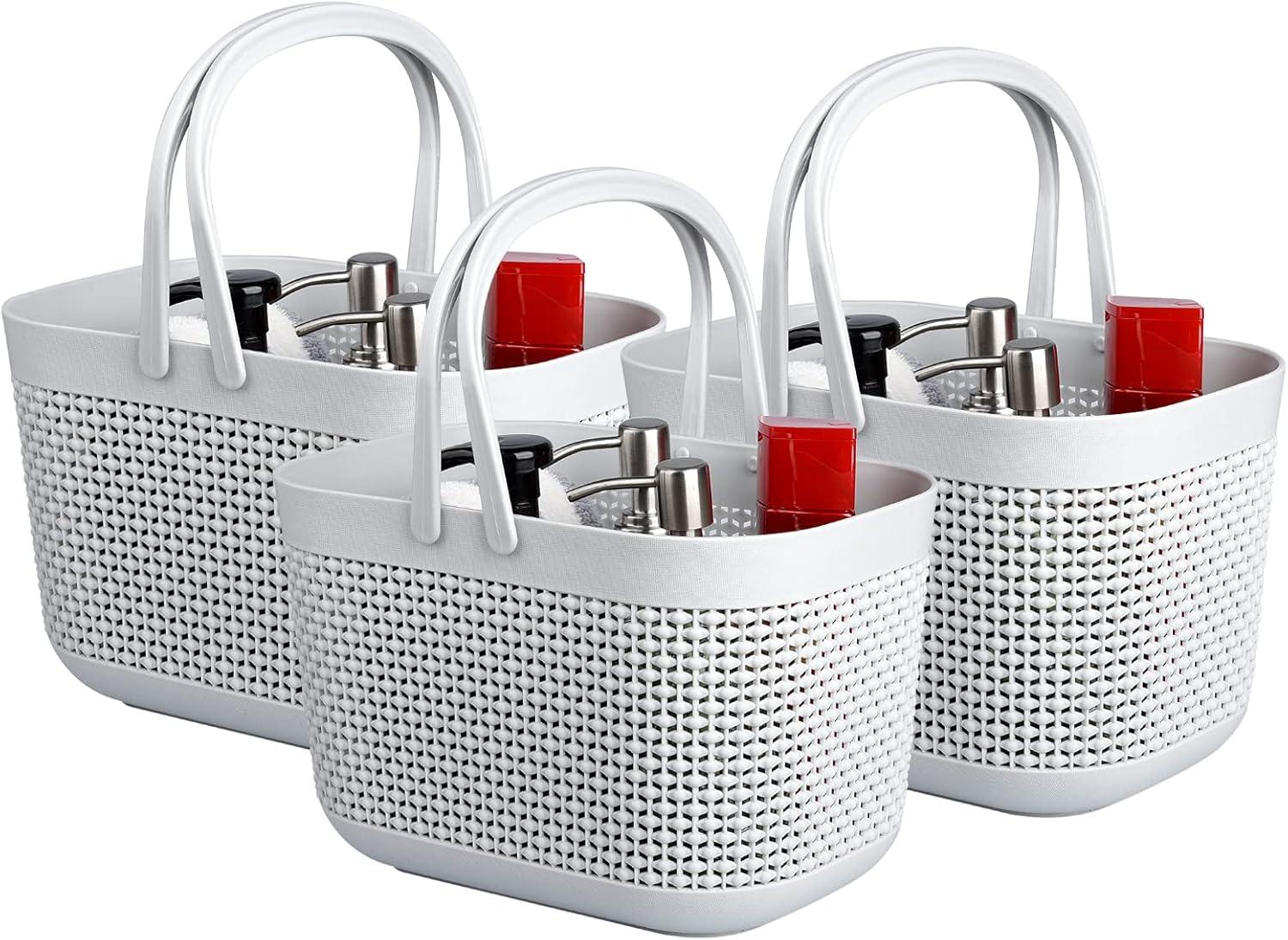 imageUUJOLY Plastic Organizer Storage Baskets with Handles Shower Caddy Bins Organizer for Bathroom and kitchenWhiteGrey