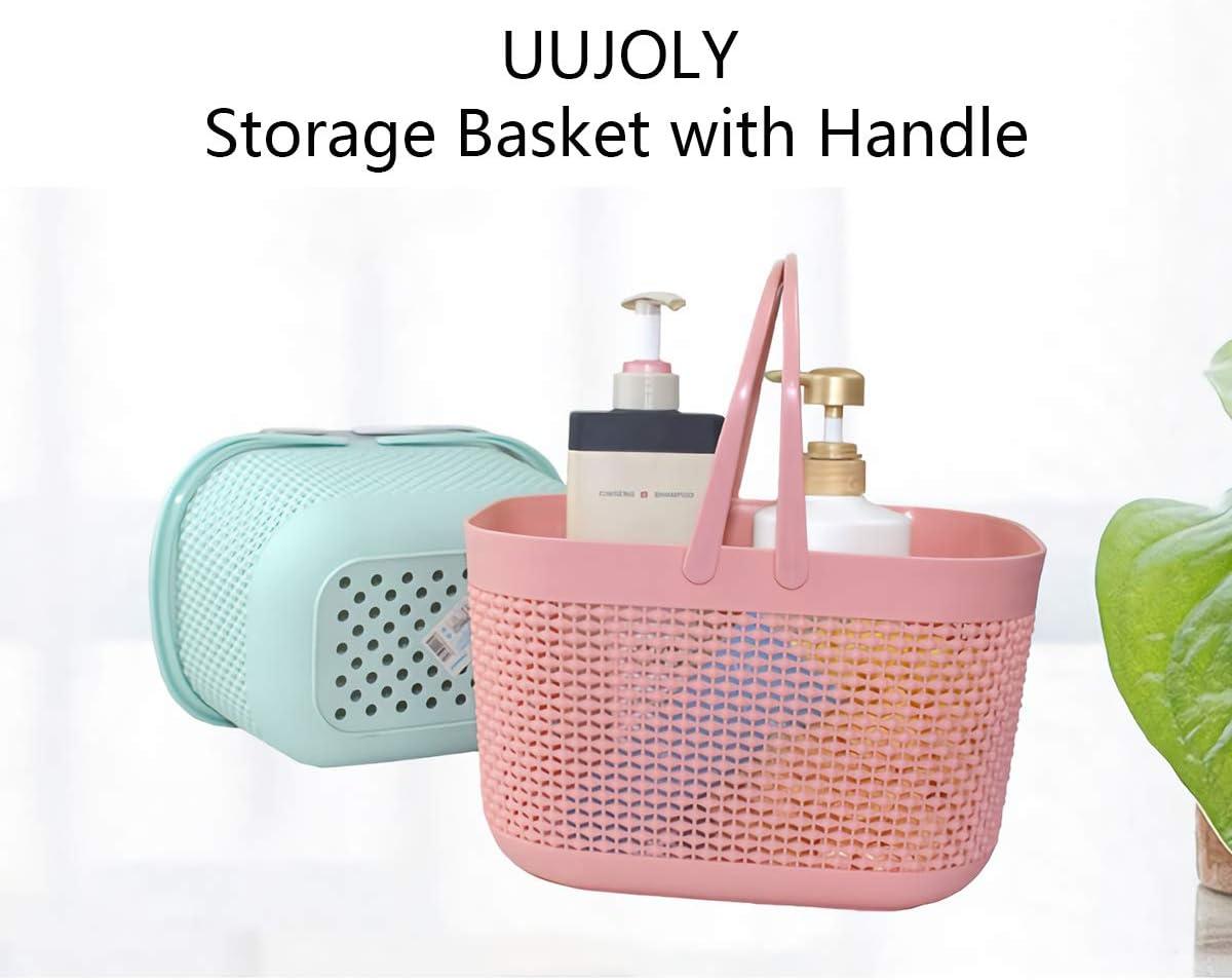 imageUUJOLY Plastic Organizer Storage Baskets with Handles Shower Caddy Bins Organizer for Bathroom and kitchenWhitePink