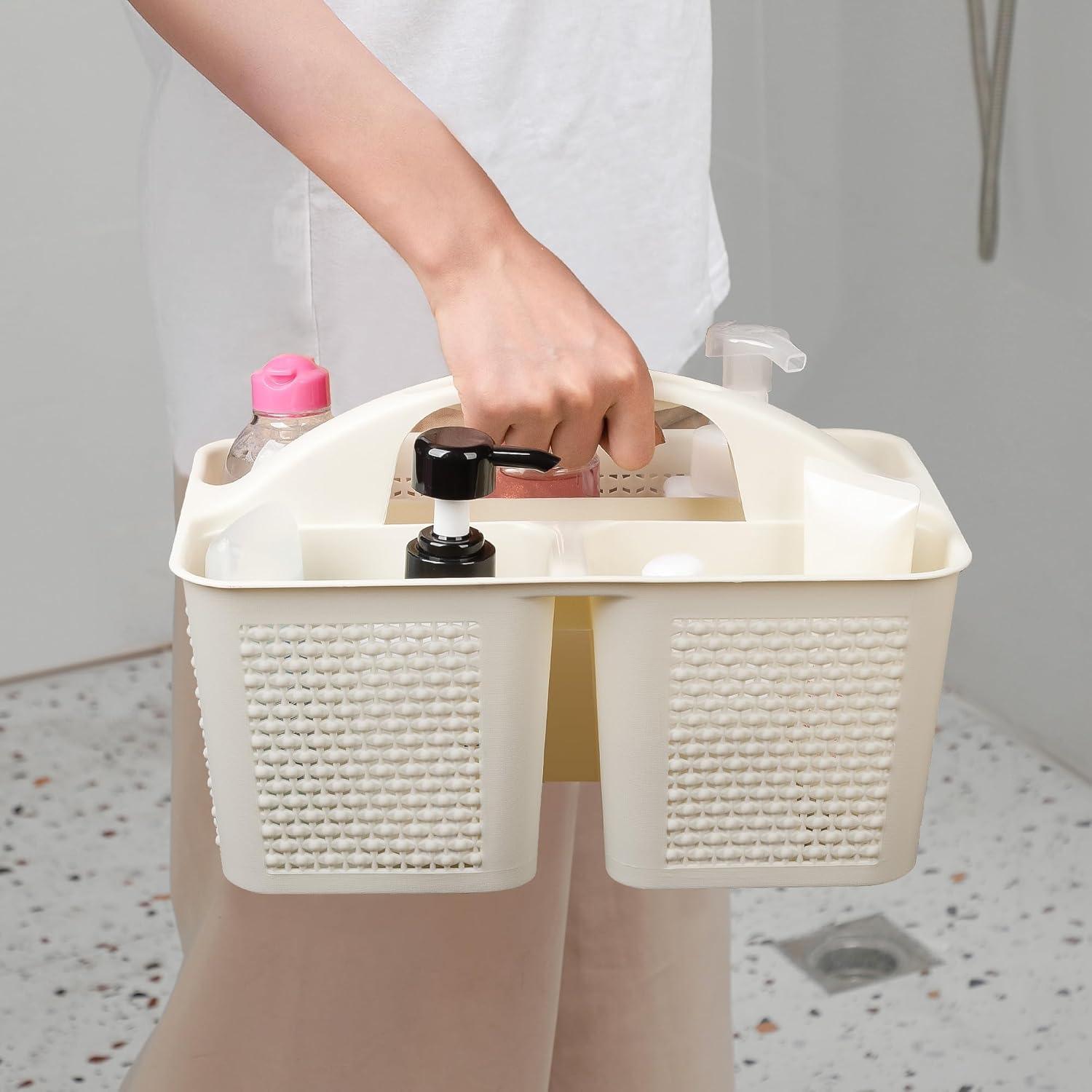 imageUUJOLY Plastic Portable Shower Caddy Bucket Cleaning Shower Basket with Handle Compartments Storage Organizer for Bathroom Kitchen College Dorm Sink GreyBeige