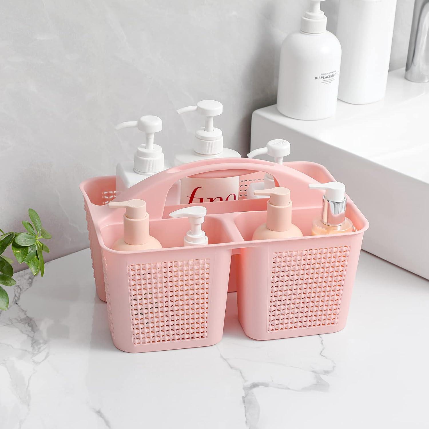 imageUUJOLY Plastic Portable Shower Caddy Bucket Cleaning Shower Basket with Handle Compartments Storage Organizer for Bathroom Kitchen College Dorm Sink GreyPink