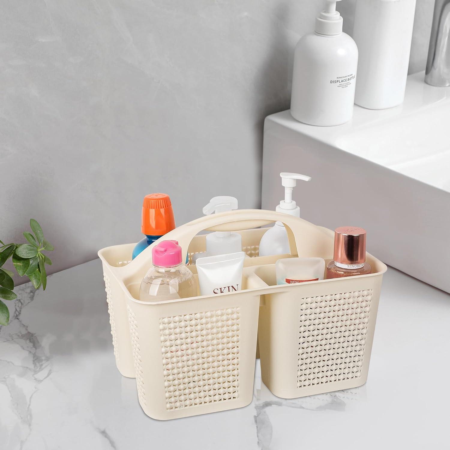 imageUUJOLY Plastic Portable Shower Caddy Bucket Cleaning Shower Basket with Handle Compartments Storage Organizer for Bathroom Kitchen College Dorm Sink GreyBeige