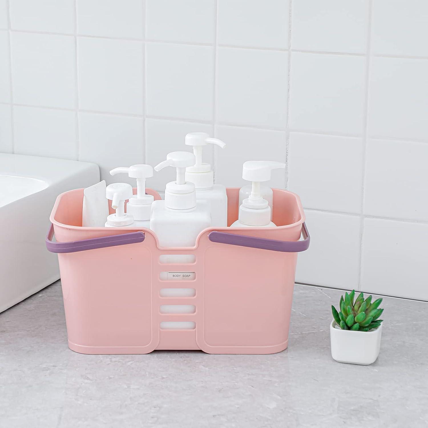 imageUUJOLY Plastic Storage Baskets with Handles Storage Bin Shower Caddy Organizer for Bathroom and kitchen PinkPink