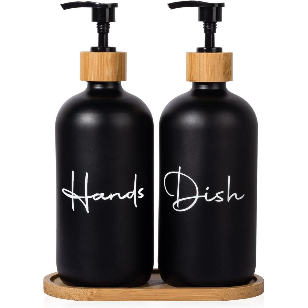 image17 oz Hand Soap Dispenser Glass Liquid Dish Soap Bottles Refillable Empty Lotion Pump Bottles for Bathroom Decor Kitchen Sink Matte Design Black White Pack of 2Black
