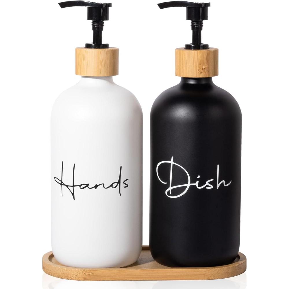 image17 oz Hand Soap Dispenser Glass Liquid Dish Soap Bottles Refillable Empty Lotion Pump Bottles for Bathroom Decor Kitchen Sink Matte Design Black White Pack of 2Black White