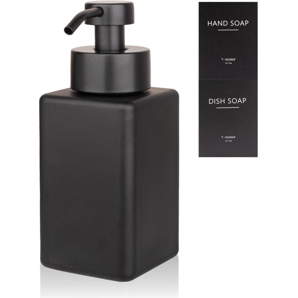 imageFoaming Soap Dispenser with Stainless Steel Pump 12oz Refillable Glass Liquid Dish Soap Bottles for Bathroom Kitchen Sink Home DecorAblack