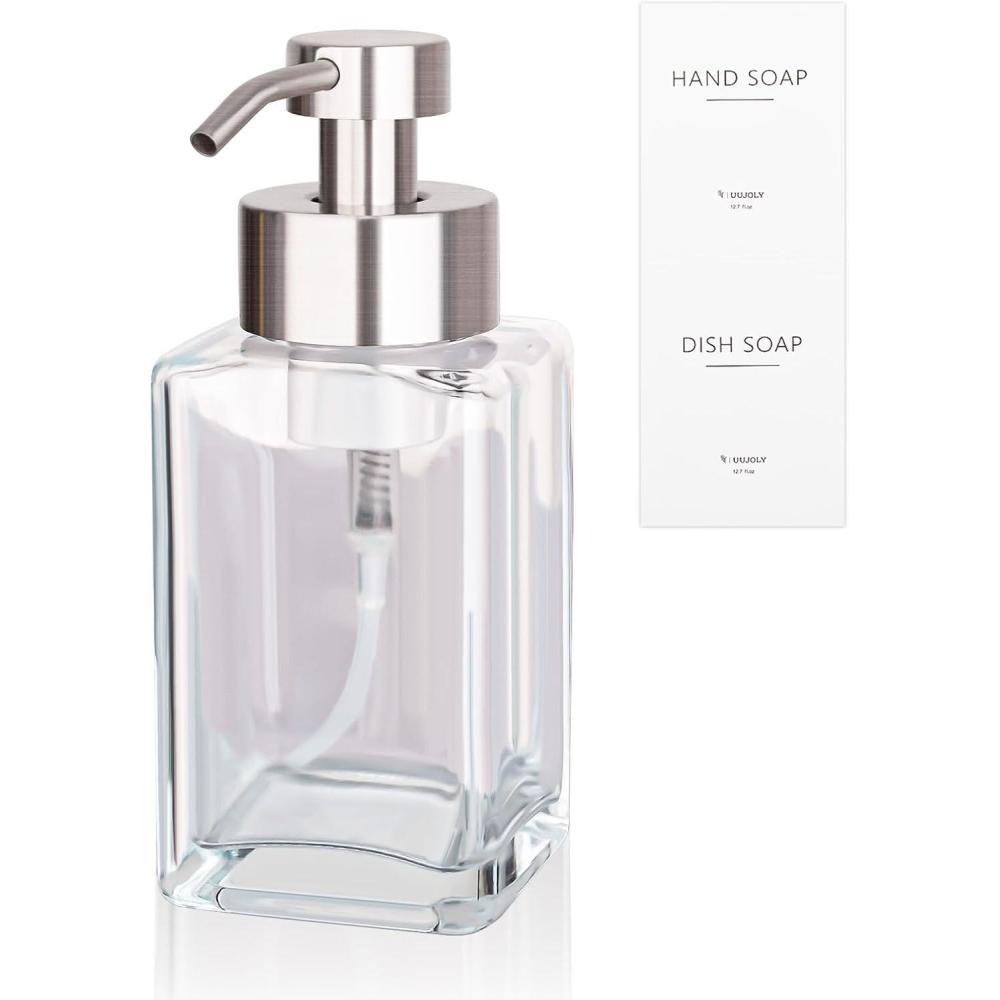 imageFoaming Soap Dispenser with Stainless Steel Pump 12oz Refillable Glass Liquid Dish Soap Bottles for Bathroom Kitchen Sink Home DecorAclear