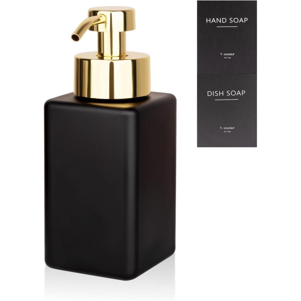 imageFoaming Soap Dispenser with Stainless Steel Pump 12oz Refillable Glass Liquid Dish Soap Bottles for Bathroom Kitchen Sink Home DecorBblack
