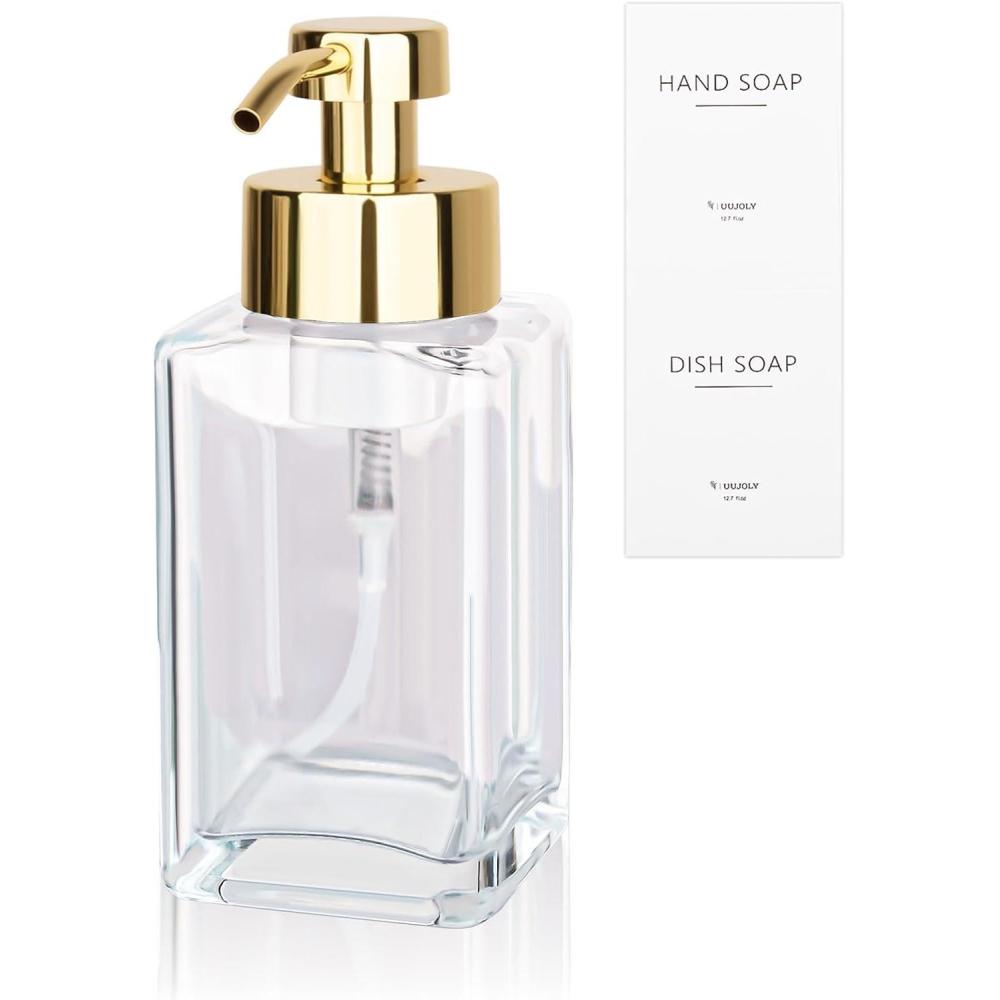 imageFoaming Soap Dispenser with Stainless Steel Pump 12oz Refillable Glass Liquid Dish Soap Bottles for Bathroom Kitchen Sink Home DecorBclear
