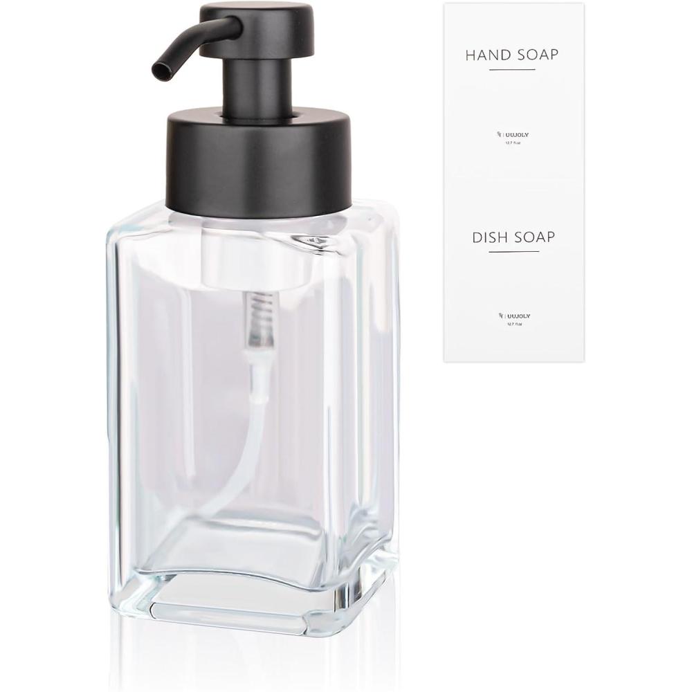 imageFoaming Soap Dispenser with Stainless Steel Pump 12oz Refillable Glass Liquid Dish Soap Bottles for Bathroom Kitchen Sink Home DecorCclear
