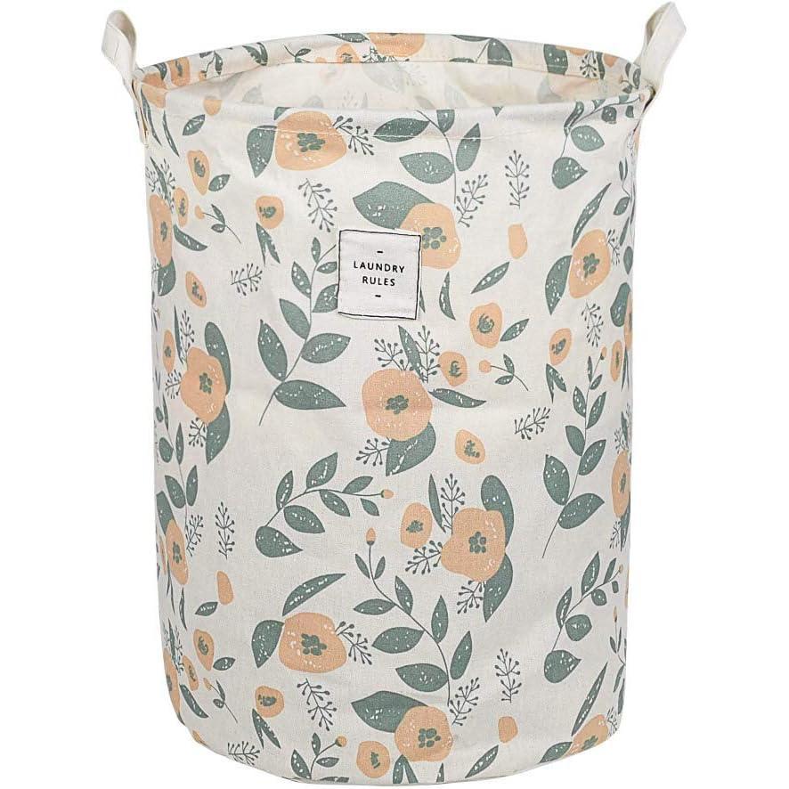 imageUUJOLY Collapsible Laundry Basket Laundry Hamper with Handles Waterproof Round Cotton Linen Laundry Hamper Printing Household Organizer Basket 197x157 inches Gold leafGreen