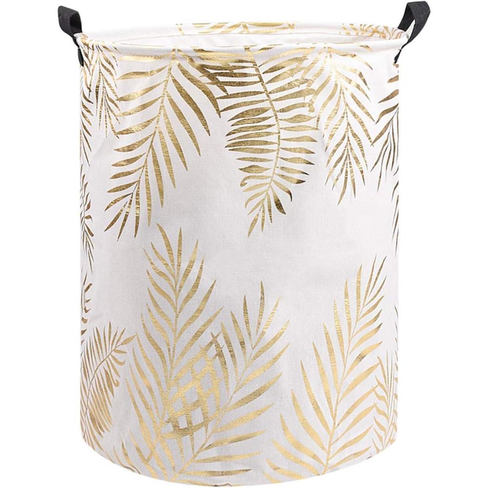 imageUUJOLY Collapsible Laundry Basket Laundry Hamper with Handles Waterproof Round Cotton Linen Laundry Hamper Printing Household Organizer Basket 197x157 inches Gold leafGold leaf