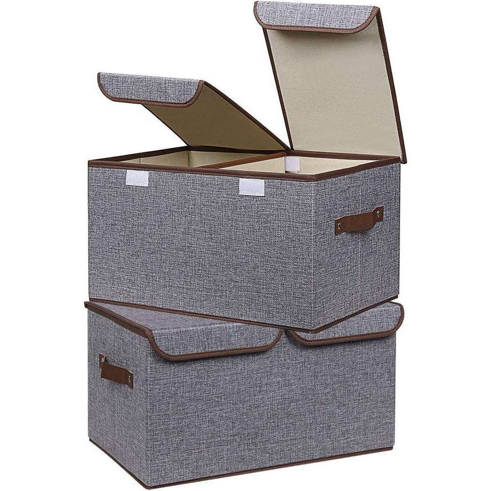 imageUUJOLY Large Storage Bins Linen Fabric Foldable Basket Cubes Organizer Storage Box Drawer with Lid and Handles for Home Office Closet Bedroom Nursery GrayGrey