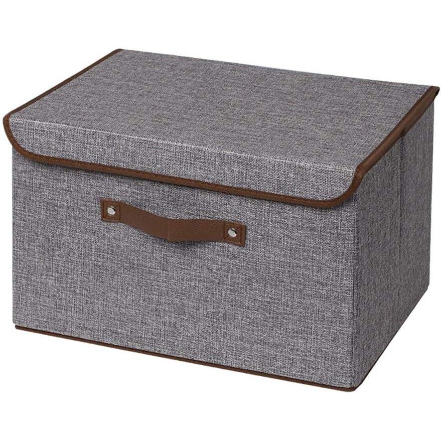 imageUUJOLY Large Storage Bins Linen Fabric Foldable Basket Cubes Organizer Storage Box Drawer with Lid and Handles for Home Office Closet Bedroom Nursery GrayGreysigle