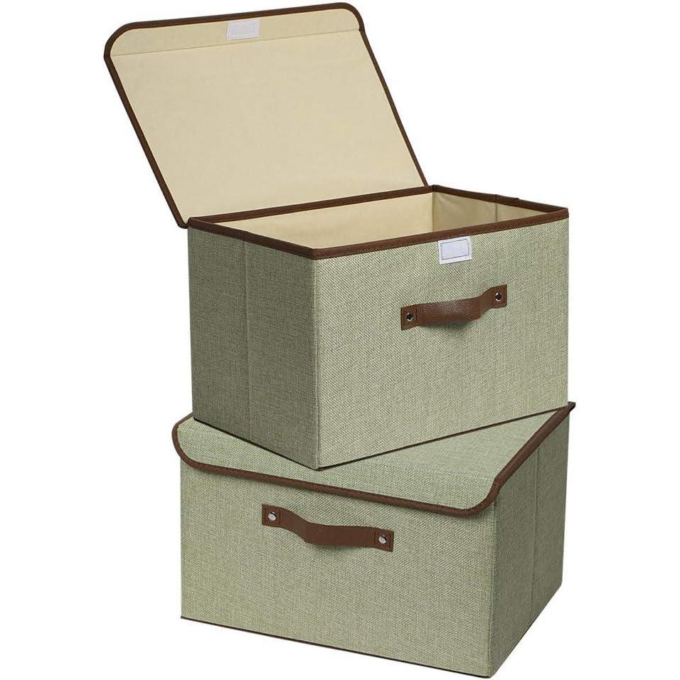 imageUUJOLY Large Storage Bins Linen Fabric Foldable Basket Cubes Organizer Storage Box Drawer with Lid and Handles for Home Office Closet Bedroom Nursery Grays2Green