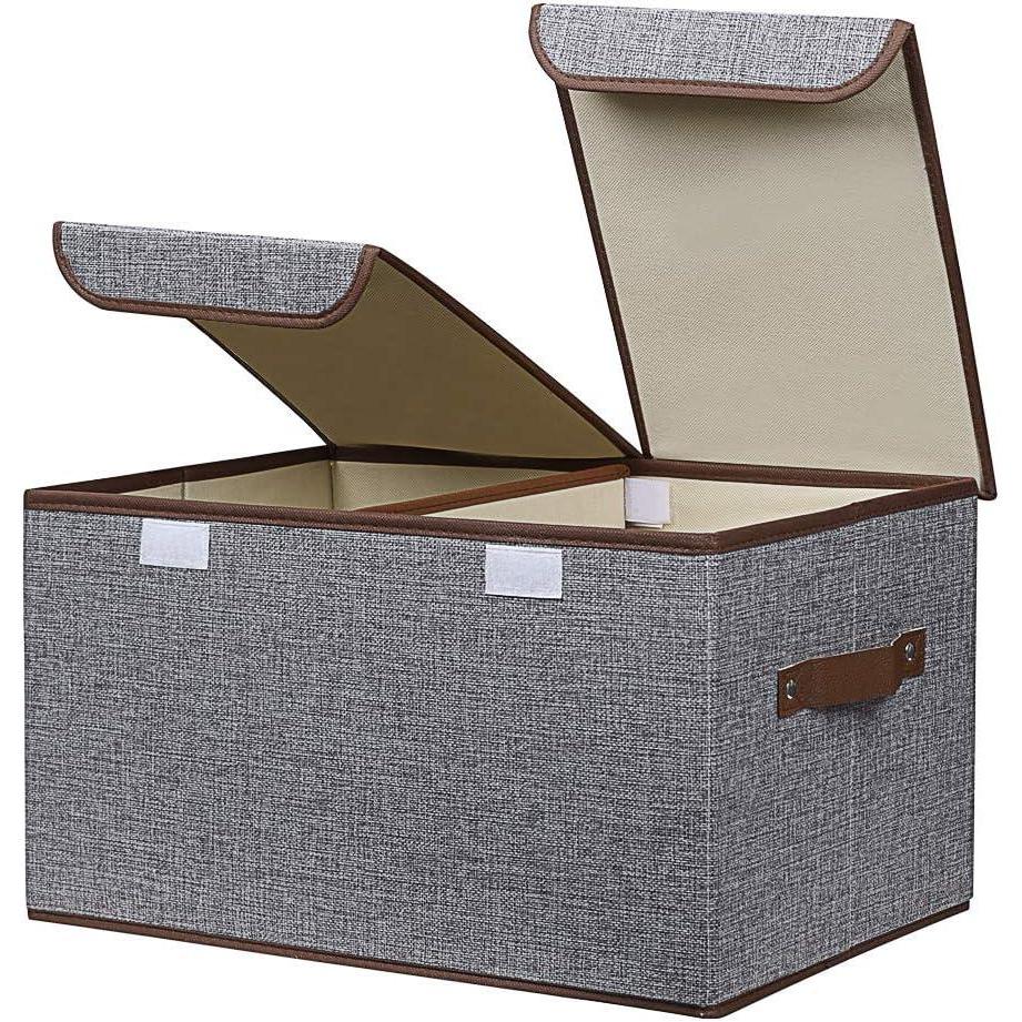 imageUUJOLY Large Storage Bins Linen Fabric Foldable Basket Cubes Organizer Storage Box Drawer with Lid and Handles for Home Office Closet Bedroom Nursery GrayGray