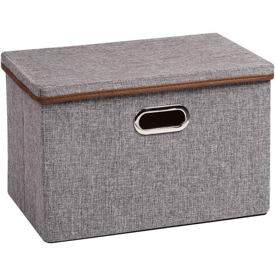 imageUUJOLY Large Storage Bins Linen Fabric Foldable Basket Cubes Organizer Storage Box Drawer with Lid and Handles for Home Office Closet Bedroom NurseryPurplehGrey