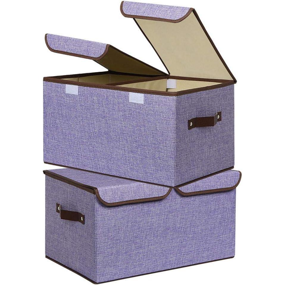 imageUUJOLY Large Storage Bins Linen Fabric Foldable Basket Cubes Organizer Storage Box Drawer with Lid and Handles for Home Office Closet Bedroom NurseryPurplePurple