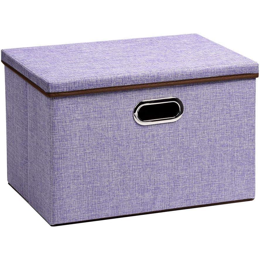 imageUUJOLY Large Storage Bins Linen Fabric Foldable Basket Cubes Organizer Storage Box Drawer with Lid and Handles for Home Office Closet Bedroom NurseryPurplehPurple