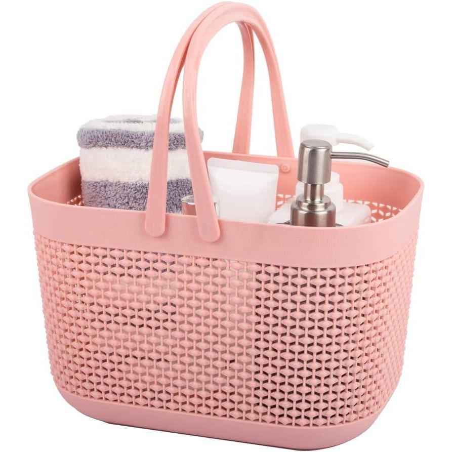 imageUUJOLY Plastic Organizer Storage Baskets with Handles Shower Caddy Bins Organizer for Bathroom and kitchenWhitePink