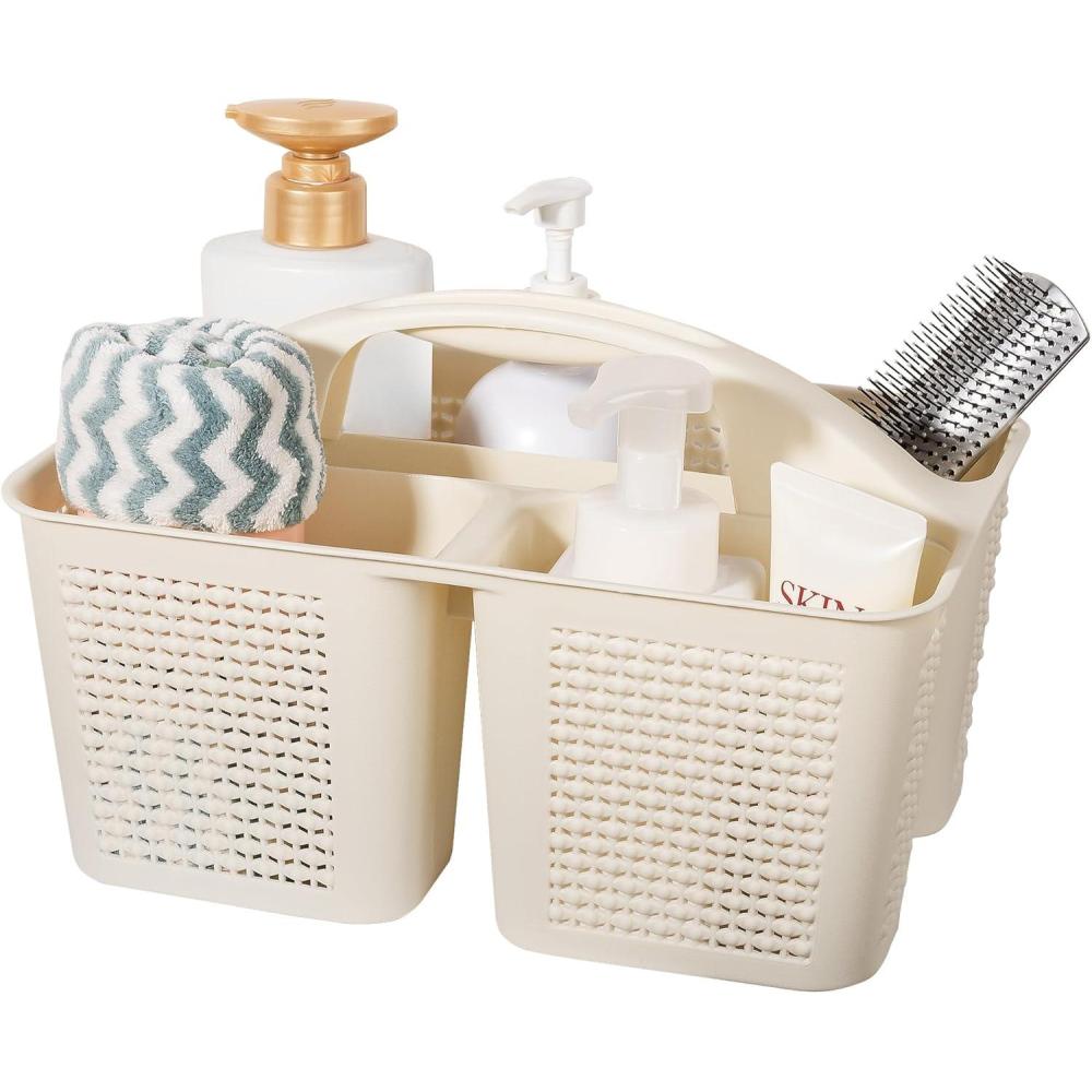 imageUUJOLY Plastic Portable Shower Caddy Bucket Cleaning Shower Basket with Handle Compartments Storage Organizer for Bathroom Kitchen College Dorm Sink GreyBeige
