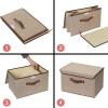 UUJOLY Large Storage Bins Linen Fabric Foldable Basket Cubes Organizer Storage Box Drawer with Lid and Handles for Home, Office, Closet, Bedroom, Nursery（Purple）(s2-Khaki)