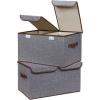 UUJOLY Large Storage Bins Linen Fabric Foldable Basket Cubes Organizer Storage Box Drawer with Lid and Handles for Home, Office, Closet, Bedroom, Nursery (Gray)(Grey)