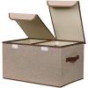 UUJOLY Large Storage Bins Linen Fabric Foldable Basket Cubes Organizer Storage Box Drawer with Lid and Handles for Home, Office, Closet, Bedroom, Nursery (Gray)(Khaki)