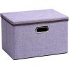 UUJOLY Large Storage Bins Linen Fabric Foldable Basket Cubes Organizer Storage Box Drawer with Lid and Handles for Home, Office, Closet, Bedroom, Nursery (Gray)(h-Purple)