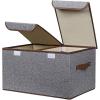 UUJOLY Large Storage Bins Linen Fabric Foldable Basket Cubes Organizer Storage Box Drawer with Lid and Handles for Home, Office, Closet, Bedroom, Nursery (Gray)(Gray)