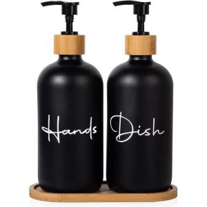 17 oz Hand Soap Dispenser Glass Liquid Dish Soap Bottles, Refillable Empty Lotion Pump Bottles for Bathroom Decor, Kitchen Sink, Matte Design, Black + White, Pack of 2(Black)