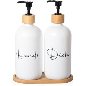 17 oz Hand Soap Dispenser Glass Liquid Dish Soap Bottles, Refillable Empty Lotion Pump Bottles for Bathroom Decor, Kitchen Sink, Matte Design, Black + White, Pack of 2(White)