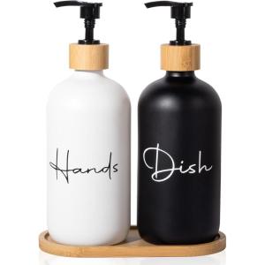 17 oz Hand Soap Dispenser Glass Liquid Dish Soap Bottles, Refillable Empty Lotion Pump Bottles for Bathroom Decor, Kitchen Sink, Matte Design, Black + White, Pack of 2(Black + White)