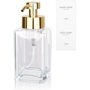 Foaming Soap Dispenser with Stainless Steel Pump, 12oz Refillable Glass Liquid Dish Soap Bottles for Bathroom, Kitchen Sink, Home Decor(B-clear)