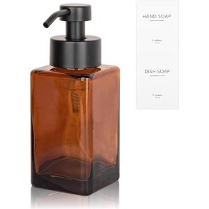 Foaming Soap Dispenser with Stainless Steel Pump, 12oz Refillable Glass Liquid Dish Soap Bottles for Bathroom, Kitchen Sink, Home Decor(C-amber)