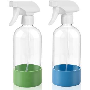 UUJOLY 17 oz Plastic Spray Bottle Trigger Empty Spray Bottles Clear Refillable Container for Water, Essential Oils, Hair, Cleaning Products, Adjustable Head Sprayer and Stream, Black, 2 Pack(Green + Blue)