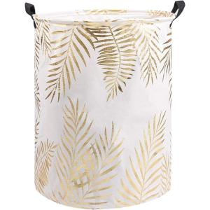UUJOLY Collapsible Laundry Basket, Laundry Hamper with Handles Waterproof Round Cotton Linen Laundry Hamper Printing Household Organizer Basket, 19.7×15.7 inches (Gold leaf)(Gold leaf)