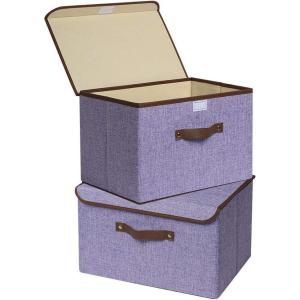 UUJOLY Large Storage Bins Linen Fabric Foldable Basket Cubes Organizer Storage Box Drawer with Lid and Handles for Home, Office, Closet, Bedroom, Nursery (Gray)(s2-Purple)