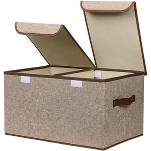 UUJOLY Large Storage Bins Linen Fabric Foldable Basket Cubes Organizer Storage Box Drawer with Lid and Handles for Home, Office, Closet, Bedroom, Nursery (Gray)(Khaki)