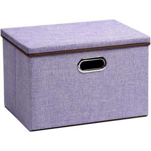 UUJOLY Large Storage Bins Linen Fabric Foldable Basket Cubes Organizer Storage Box Drawer with Lid and Handles for Home, Office, Closet, Bedroom, Nursery (Gray)(h-Purple)