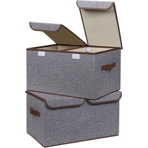 UUJOLY Large Storage Bins Linen Fabric Foldable Basket Cubes Organizer Storage Box Drawer with Lid and Handles for Home, Office, Closet, Bedroom, Nursery（Purple）(Grey)