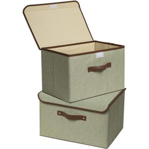 UUJOLY Large Storage Bins Linen Fabric Foldable Basket Cubes Organizer Storage Box Drawer with Lid and Handles for Home, Office, Closet, Bedroom, Nursery（Purple）(s2-Green)