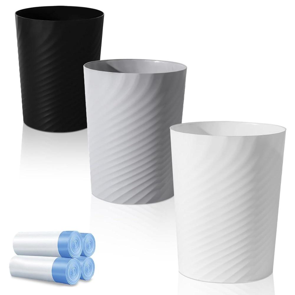 imageUUJOLY Bathroom Small Trash Can with Trash Bag Plastic Garbage Can Round Waste Basket for Bathrooms Laundry Room Kitchens Offices Kids Rooms Dorms 18 Gallons 3 Pack WhiteWhiteGreyBlack