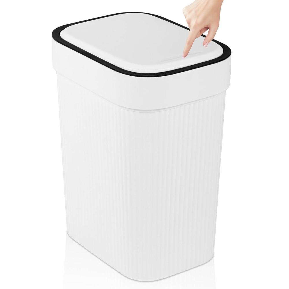 imageUUJOLY Small Bathroom Trash Can with Lid Slim Wastebasket Garbage Can Plastic Container Basket for Kitchen Laundry Room Office Kids Room Dorm White 26 Gallon 2 PackWhite