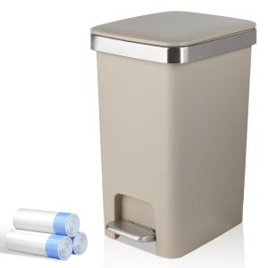 Small Bathroom Trash Can with Lid and 3 Rolls Trash Bags, Step Pedal Wastebasket Plastic Garbage Can with Pop-Up Lid 2.6 Gallon Bin for Kitchen, Bedroom, Office, Dorm, Laundry, Toilet, Rv,Khaki(Khaki)