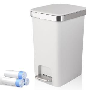 Small Bathroom Trash Can with Lid and 3 Rolls Trash Bags, Step Pedal Wastebasket Plastic Garbage Can with Pop-Up Lid 2.6 Gallon Bin for Kitchen, Bedroom, Office, Dorm, Laundry, Toilet, Rv,Khaki(White)