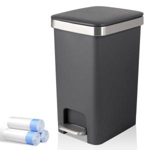 Small Bathroom Trash Can with Lid and 3 Rolls Trash Bags, Step Pedal Wastebasket Plastic Garbage Can with Pop-Up Lid 2.6 Gallon Bin for Kitchen, Bedroom, Office, Dorm, Laundry, Toilet, Rv,Khaki(Dark Grey)