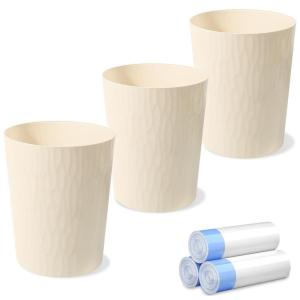 UUJOLY Small Trash Can Wastebasket Garbage Can Container Bins for Bathrooms,Bedroom Room, Kitchens, Offices, Kids Rooms, Dorms, 3 Pack, White(Beige)